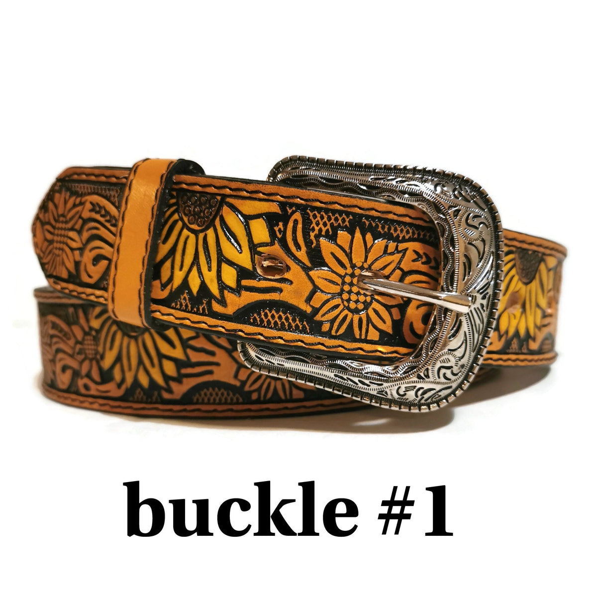 Personalized Sunflower Leather Belt for Women, Brown Embossed Cowgirl Western Belt