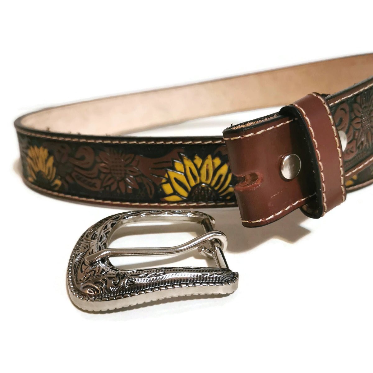 Personalized Sunflower Leather Belt for Women ,Embossed Cowhide, Bohemian Western Rodeo