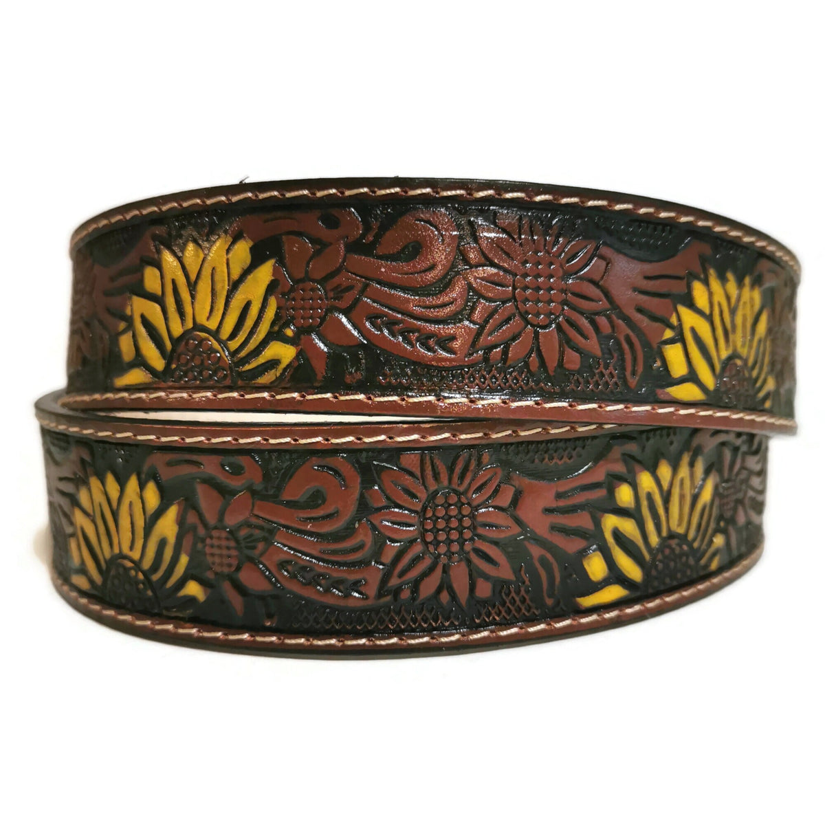 Personalized Sunflower Leather Belt for Women ,Embossed Cowhide, Bohemian Western Rodeo