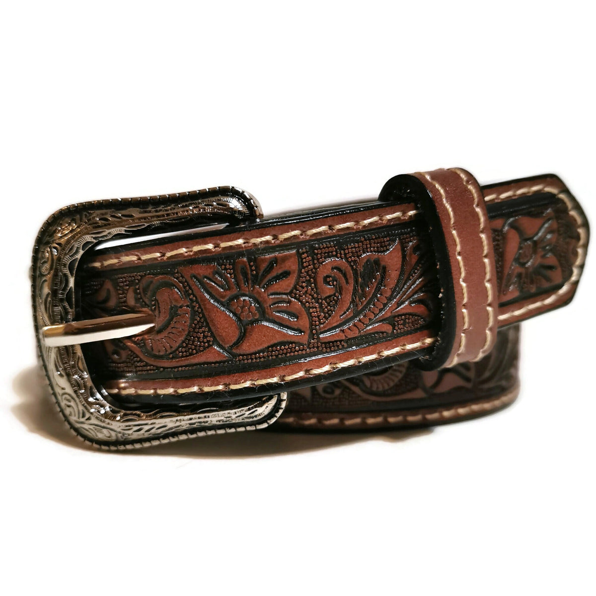 Embossed Leather Belt for Kids Personalized  Floral Boho Style