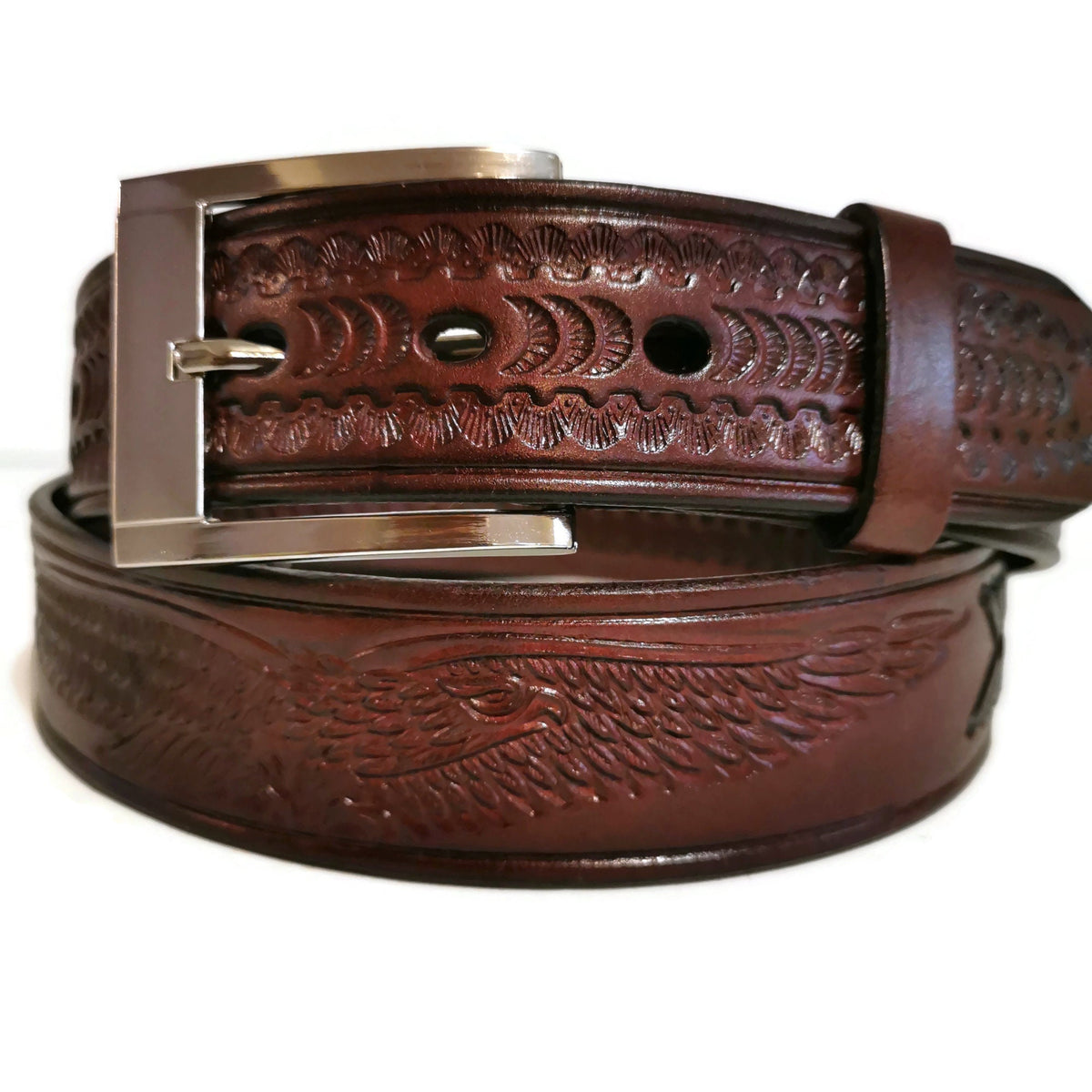 Brown Leather Belt For Men: Embossed Eagle, Braided, Rodeo, Removable Buckle