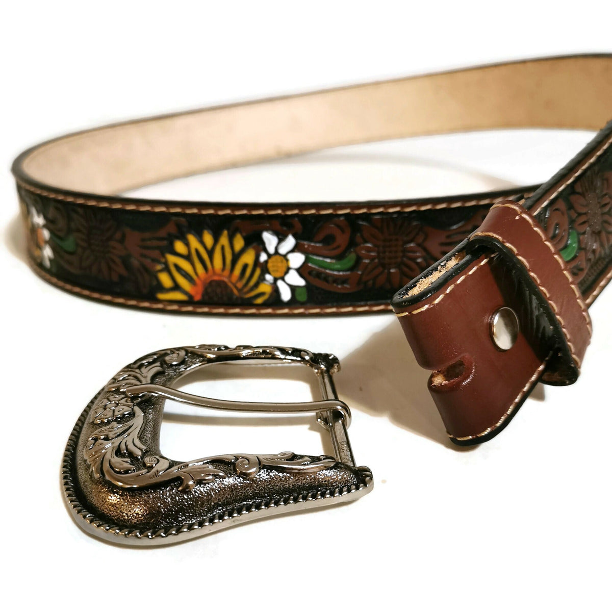 Boho Sunflower Embossed Leather Belt: Removable Buckle, Western Style, Personalized