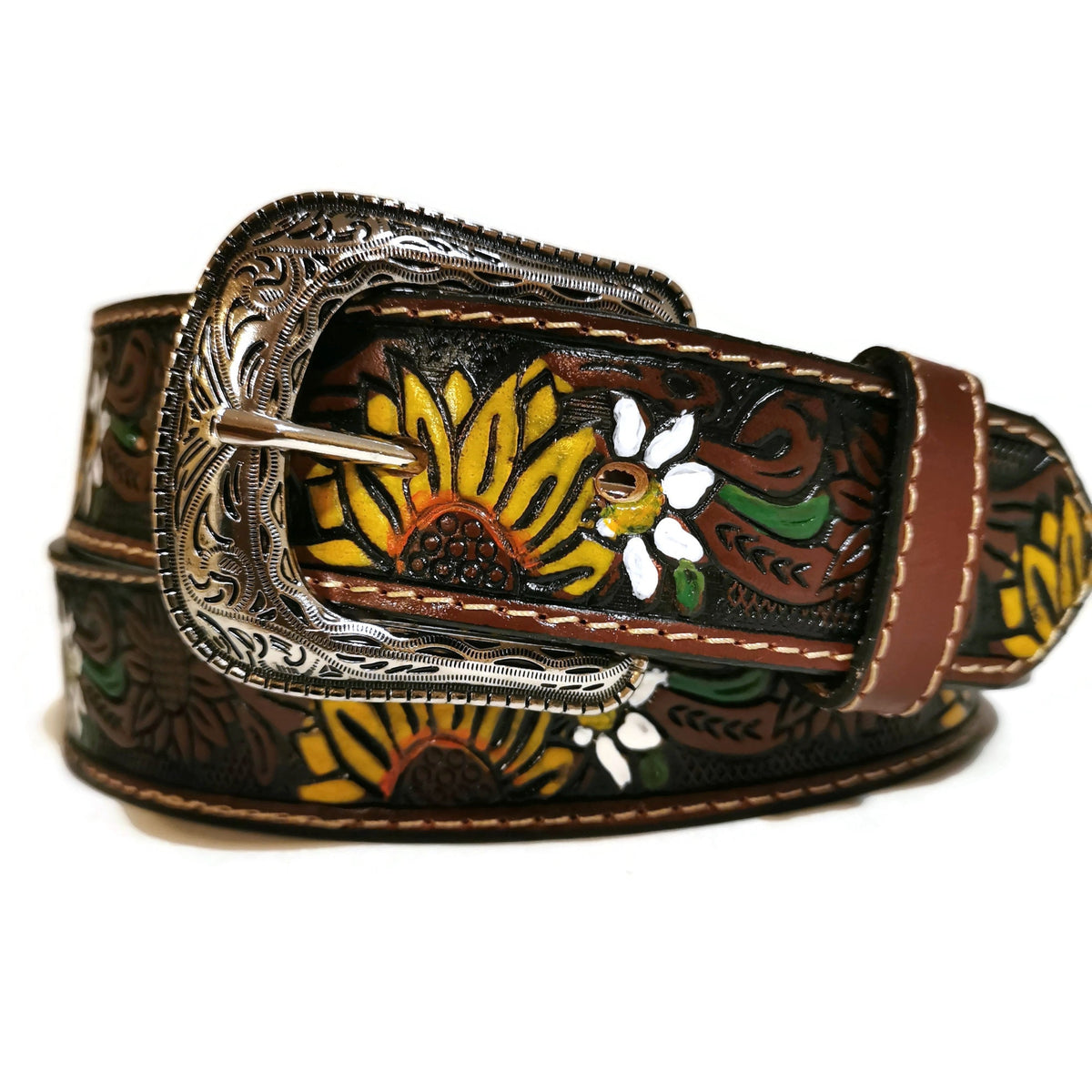 Boho Sunflower Embossed Leather Belt: Removable Buckle, Western Style, Personalized