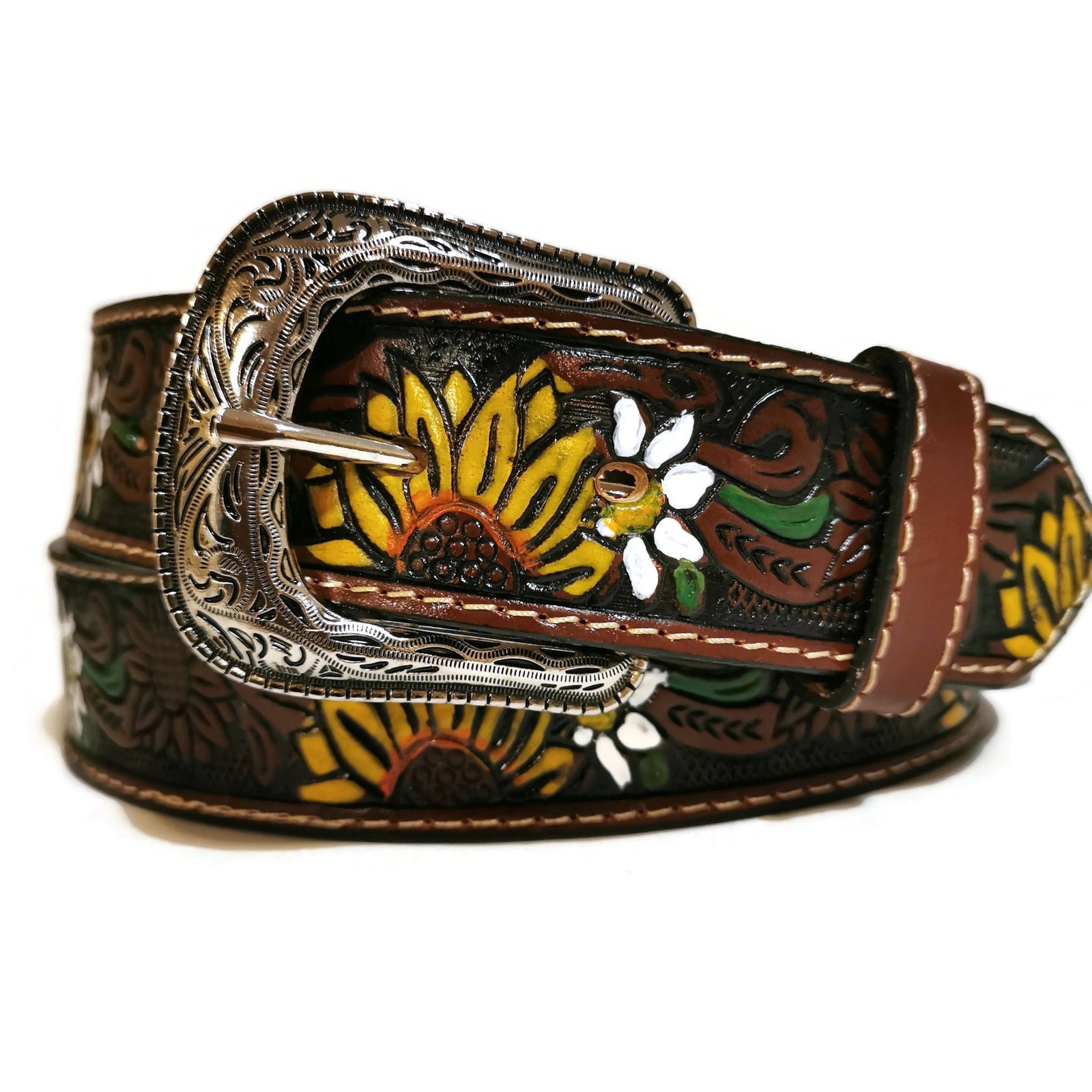 Boho Sunflower Embossed Leather Belt: Removable Buckle, Western Style, Personalized