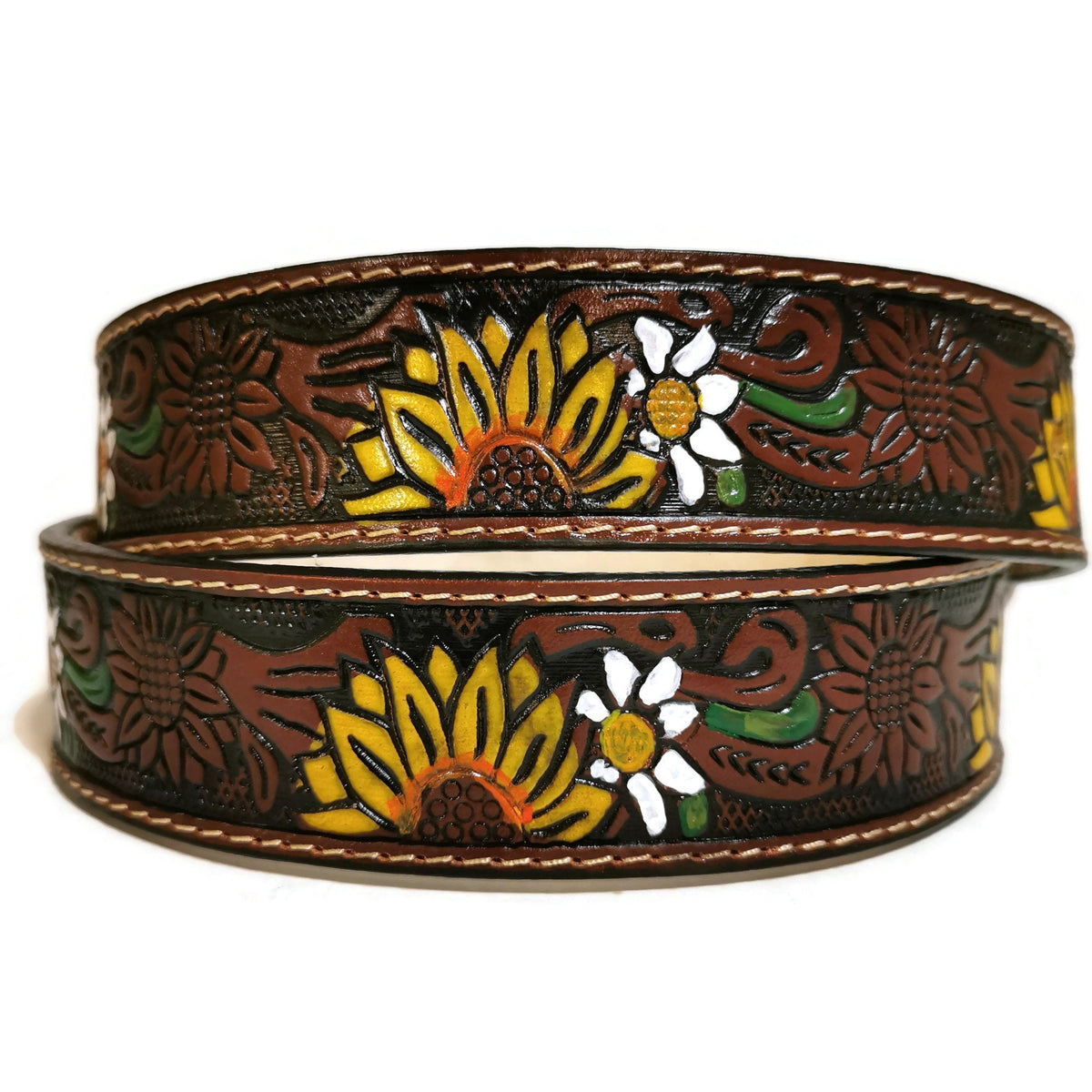 Boho Sunflower Embossed Leather Belt: Removable Buckle, Western Style, Personalized