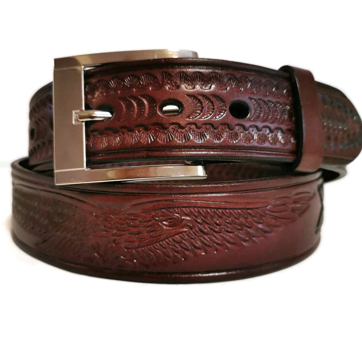 Brown Leather Belt For Men: Embossed Eagle, Braided, Rodeo, Removable Buckle
