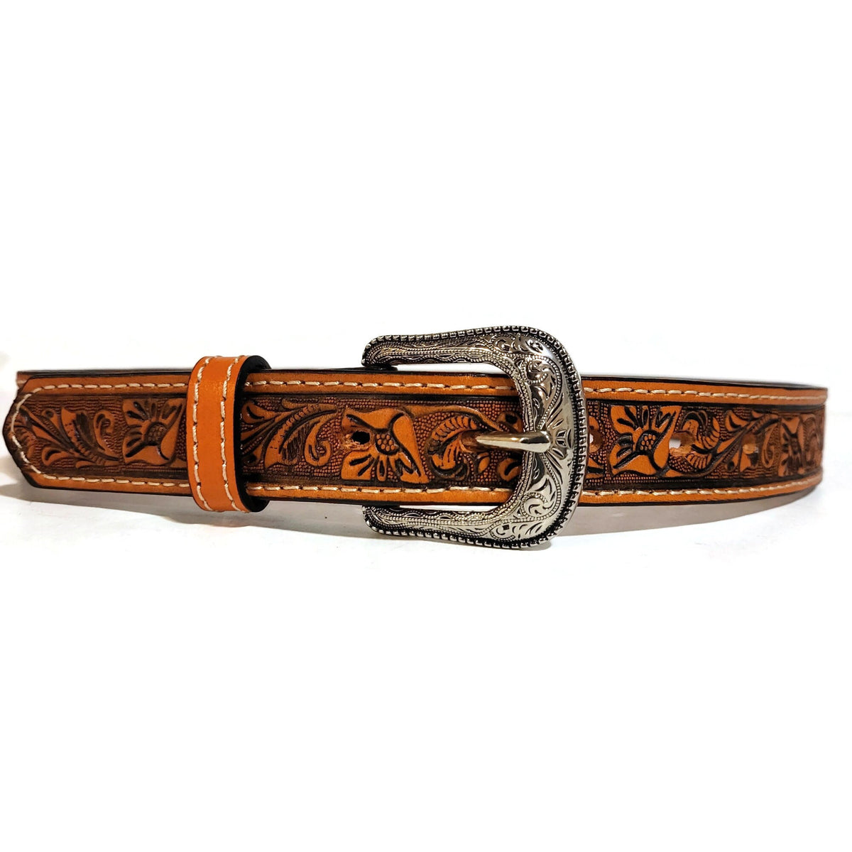 Personalized Brown Floral Leather Belt for Girls: Embossed  with Removable buckle
