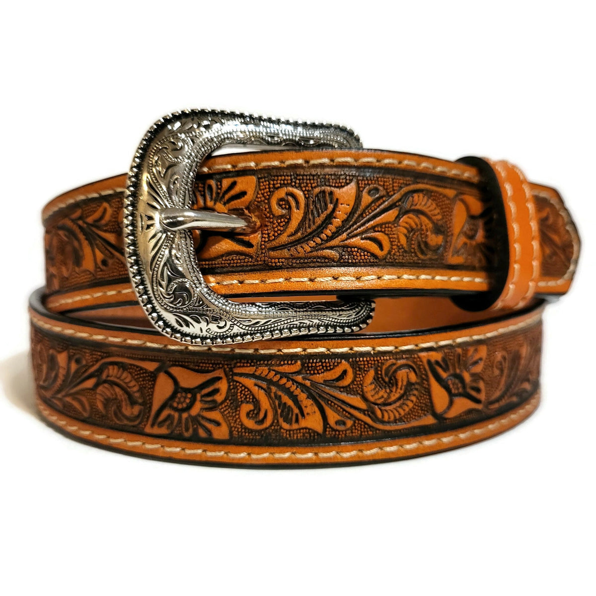 Personalized Brown Floral Leather Belt for Girls: Embossed  with Removable buckle