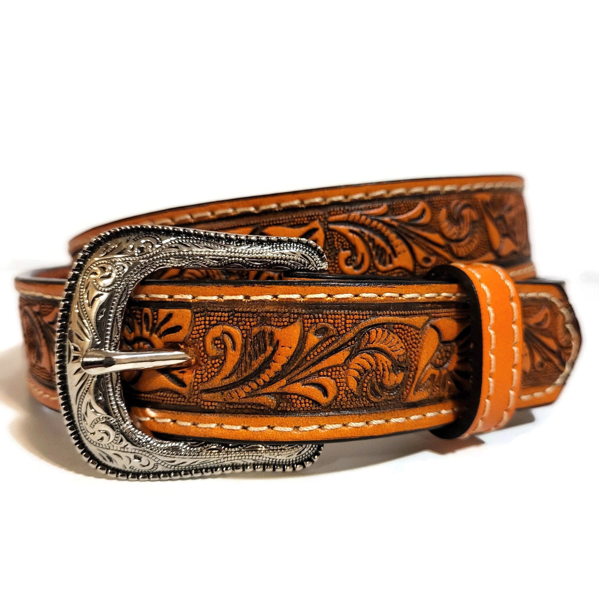 Personalized Brown Floral Leather Belt for Girls: Embossed  with Removable buckle