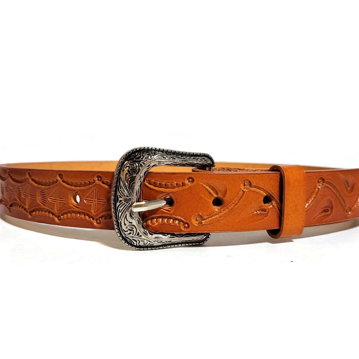 Tan Leather Kids Belt Hand Tooled Leather, Removable Buckle