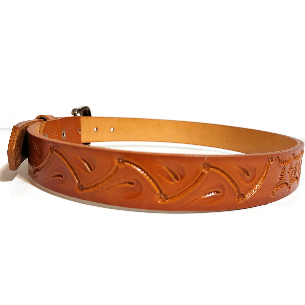 Tan Leather Kids Belt Hand Tooled Leather, Removable Buckle