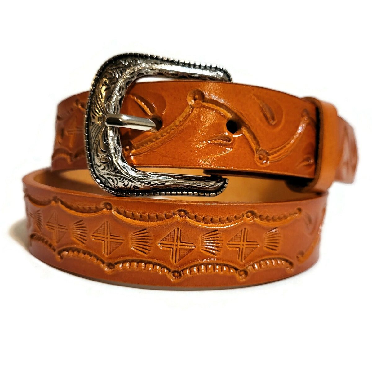 Tan Leather Kids Belt Hand Tooled Leather, Removable Buckle