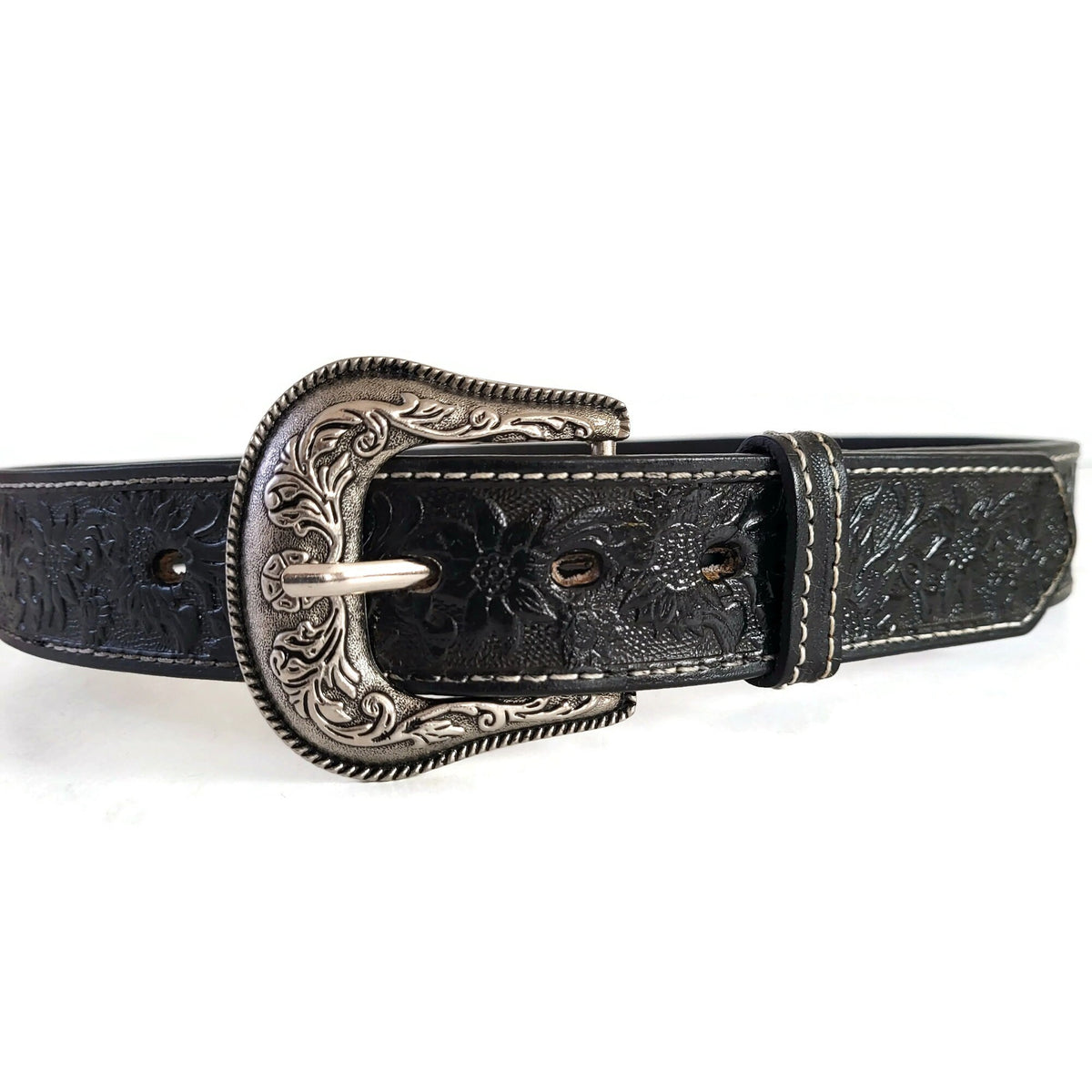 Black Embossed Floral Leather Belt for Women Western Boho Style, Personalized