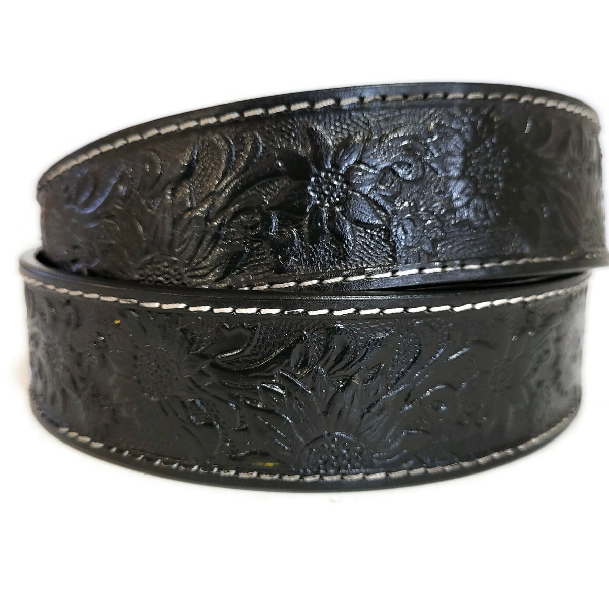 Black Embossed Floral Leather Belt for Women Western Boho Style, Personalized