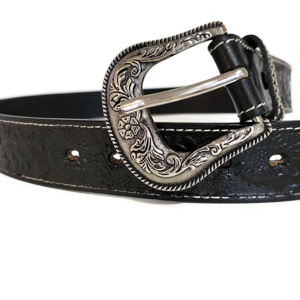 Black Embossed Floral Leather Belt for Women Western Boho Style, Personalized