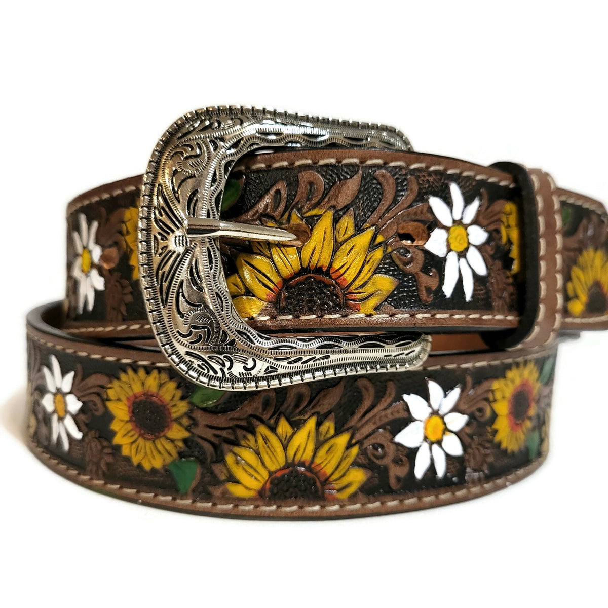 Embossed Sunflower Leather Belt: Western Boho Style with Removable Buckle