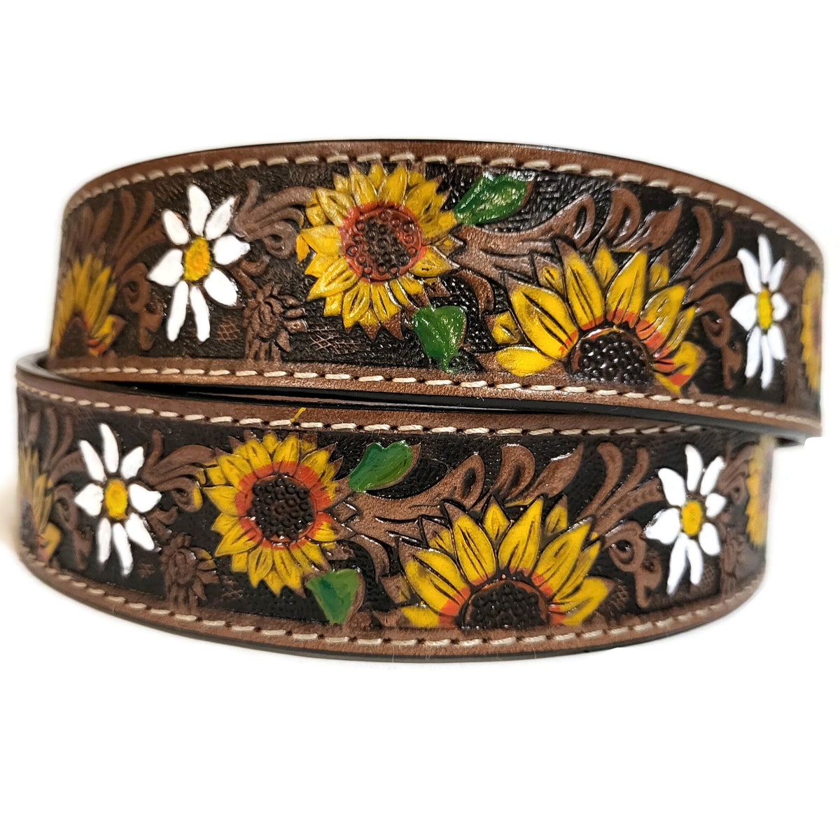 Embossed Sunflower Leather Belt: Western Boho Style with Removable Buckle