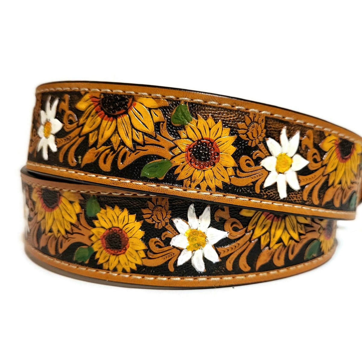 Embossed Sunflower Leather Belt: Western Boho Style with Removable Buckle