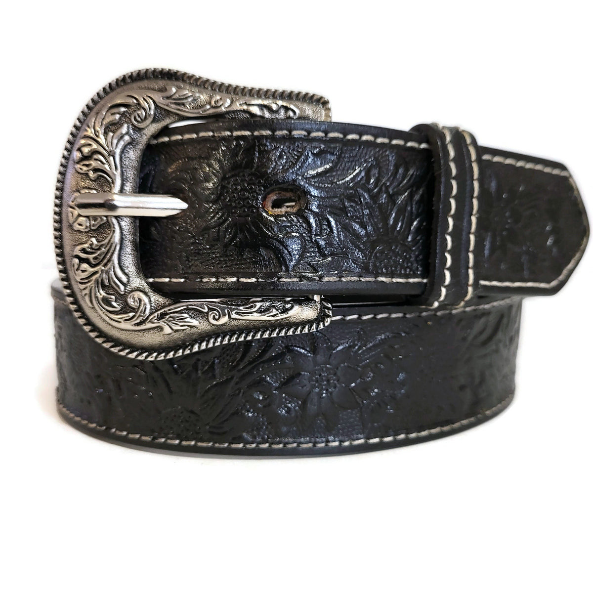 Black Embossed Floral Leather Belt for Women Western Boho Style, Personalized