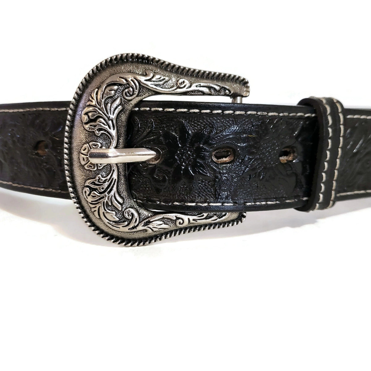 Black Embossed Floral Leather Belt for Women Western Boho Style, Personalized