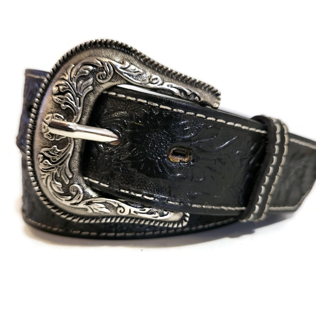 Black Embossed Floral Leather Belt for Women Western Boho Style, Personalized