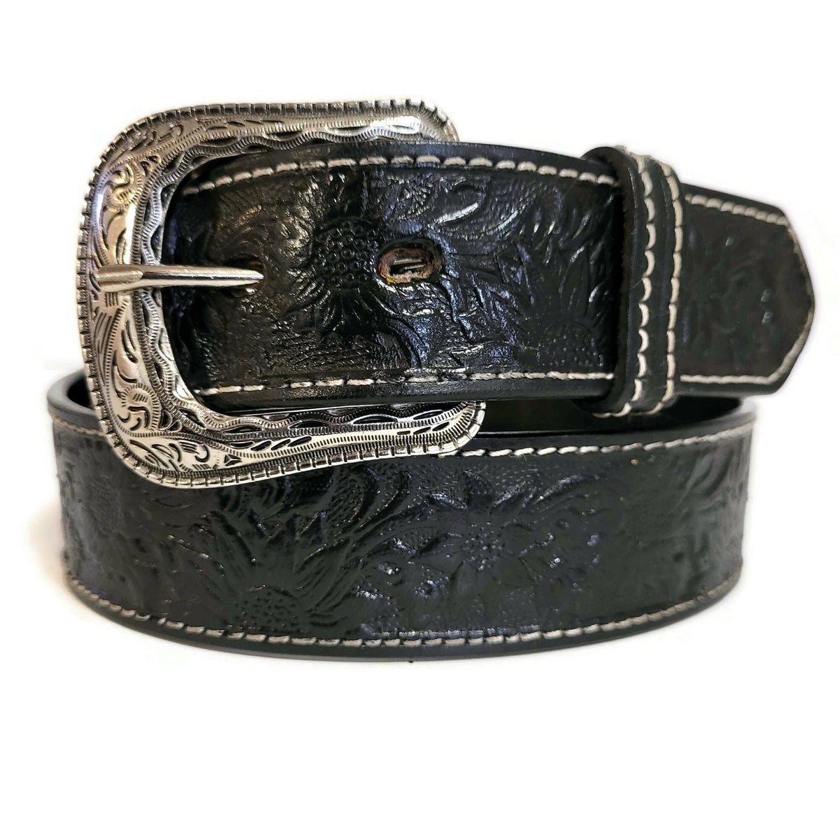 Black Embossed Floral Leather Belt for Women Western Boho Style, Personalized