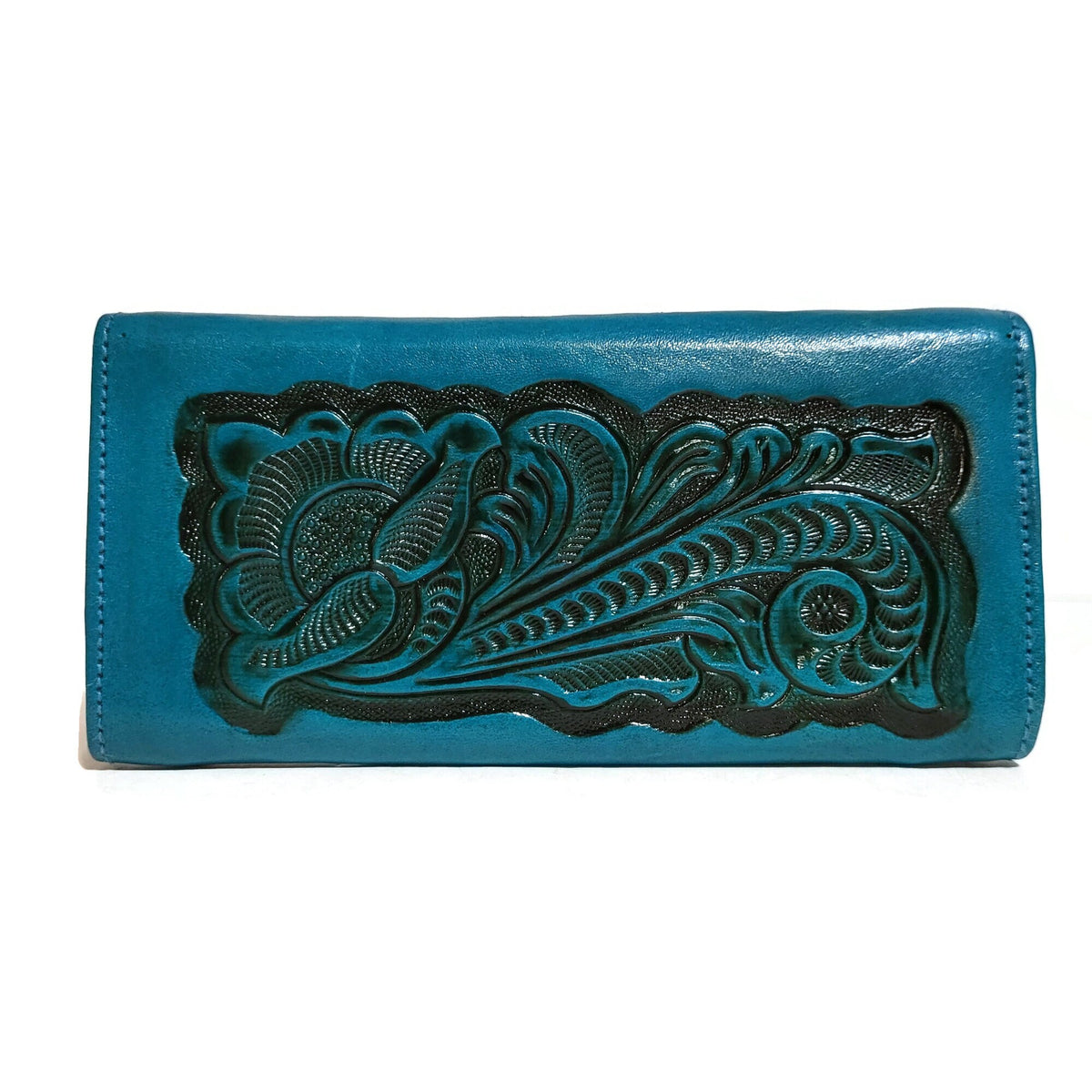 Turquoise Leather Wallet for Women Embossed Floral Boho Card Holder