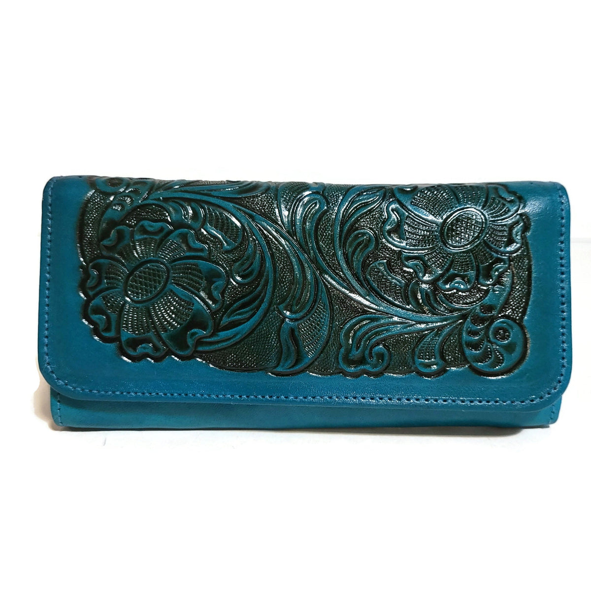 Turquoise Leather Wallet for Women Embossed Floral Boho Card Holder