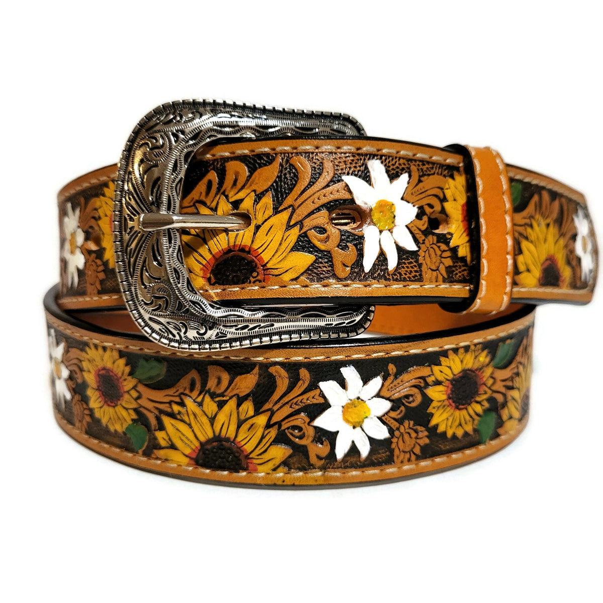 Embossed Sunflower Leather Belt: Western Boho Style with Removable Buckle