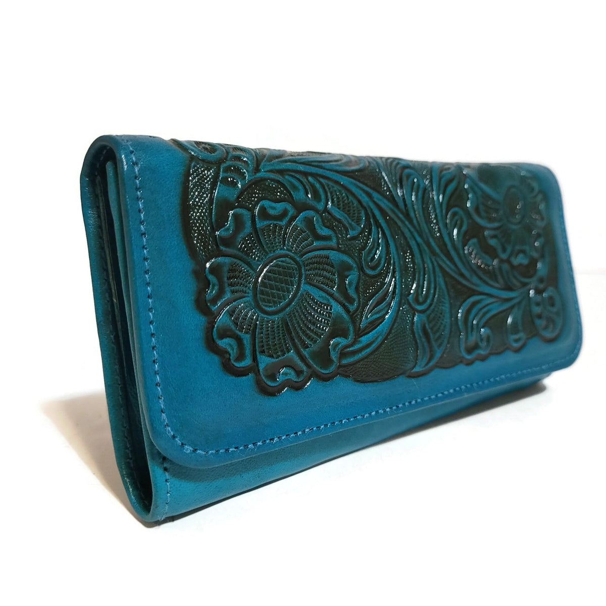 Turquoise Leather Wallet for Women Embossed Floral Boho Card Holder