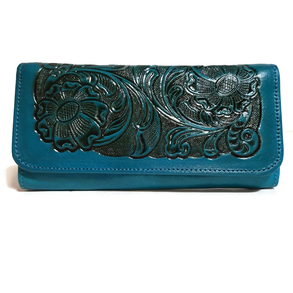 Turquoise Leather Wallet for Women Embossed Floral Boho Card Holder