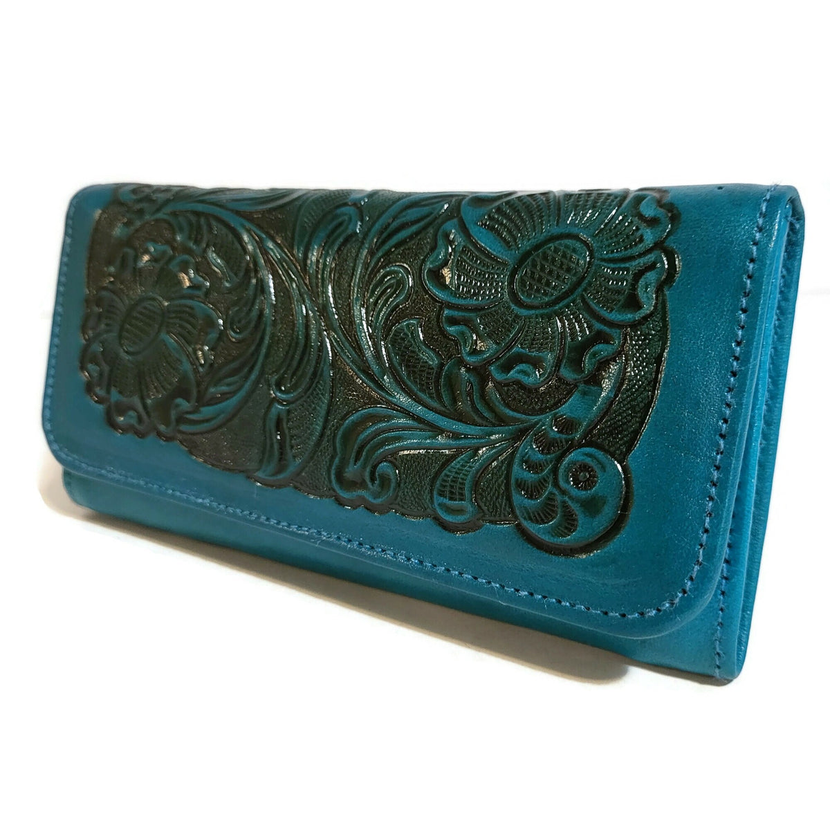 Turquoise Leather Wallet for Women Embossed Floral Boho Card Holder