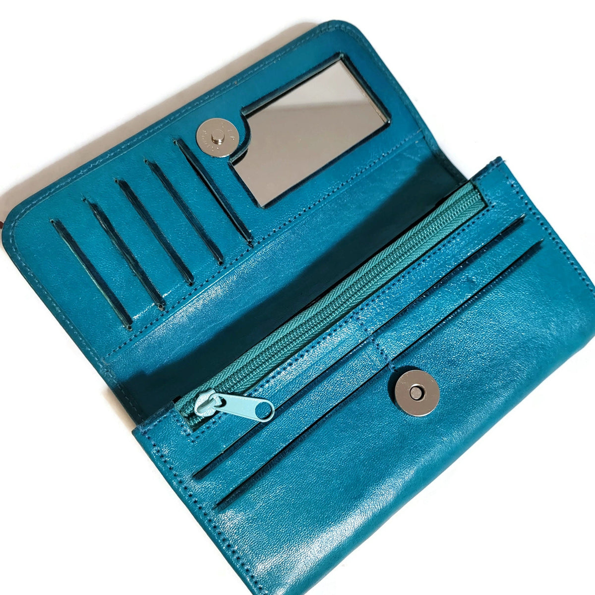 Turquoise Leather Wallet for Women Embossed Floral Boho Card Holder