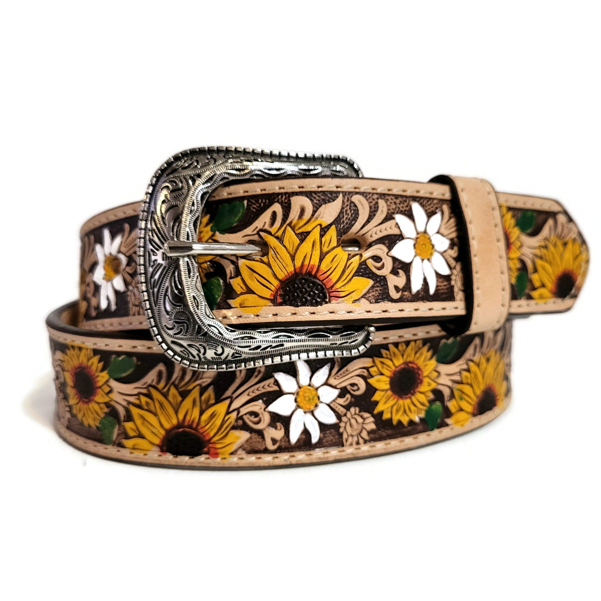 Embossed Sunflower Leather Belt: Western Boho Style with Removable Buckle