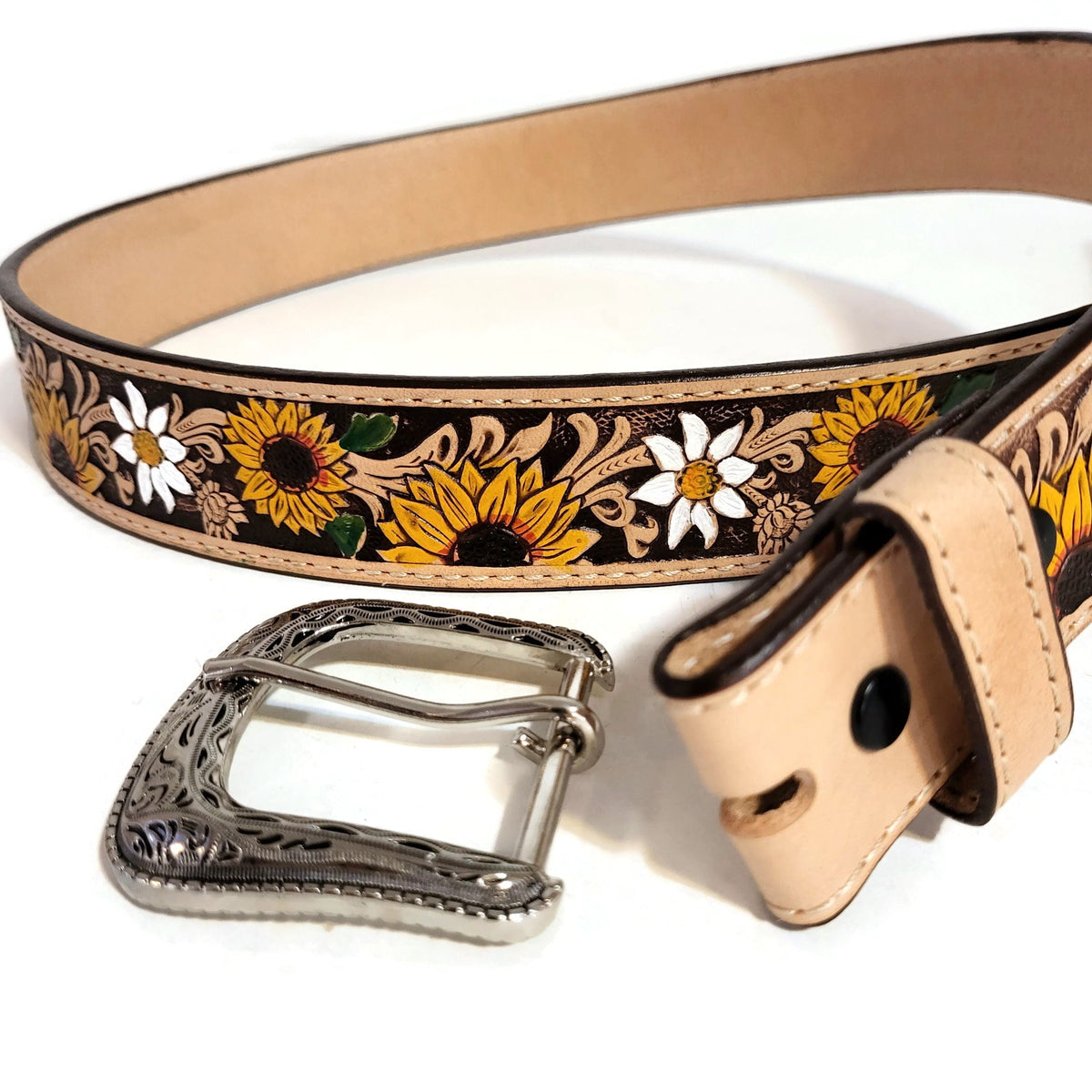 Embossed Sunflower Leather Belt: Western Boho Style with Removable Buckle