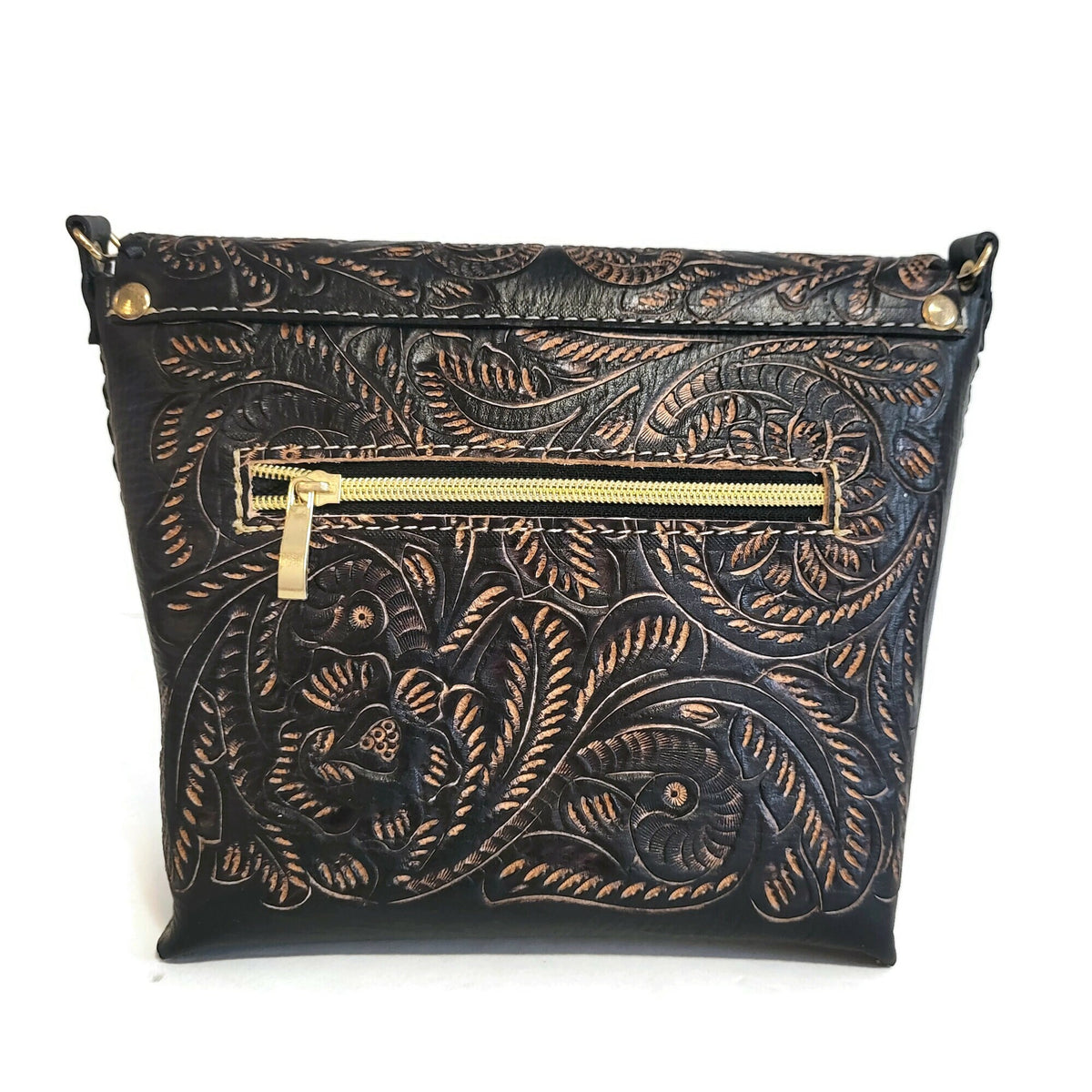 Hand-Tooled Leather Shoulder Bag: Brown Cowhide Purse