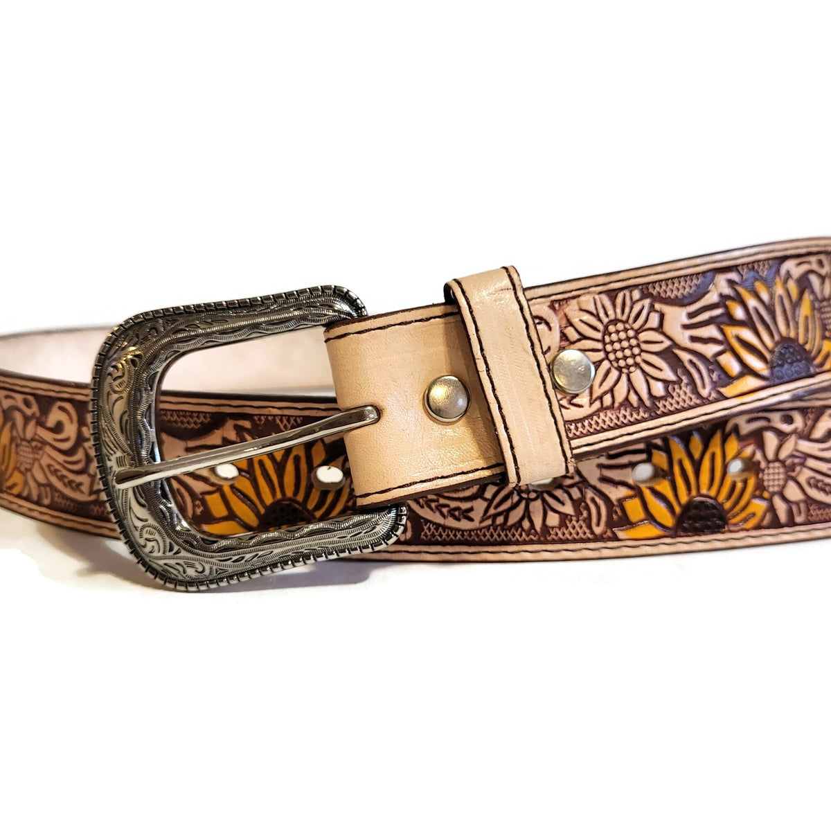 Sunflower Leather Belt for Women, Floral Embossed , Boho Chic