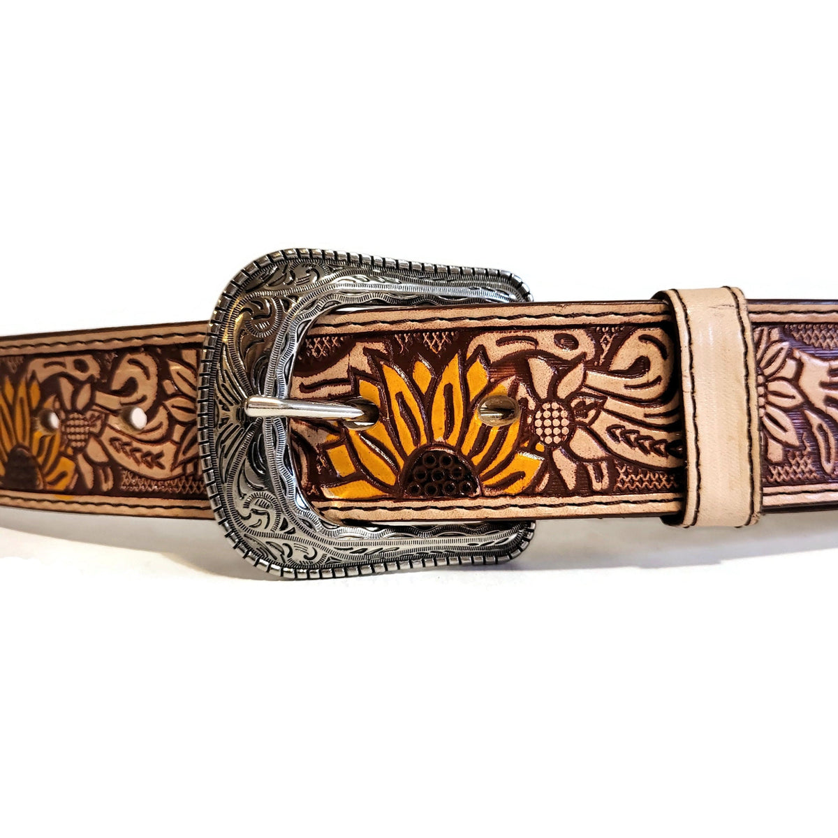 Sunflower Leather Belt for Women, Floral Embossed , Boho Chic