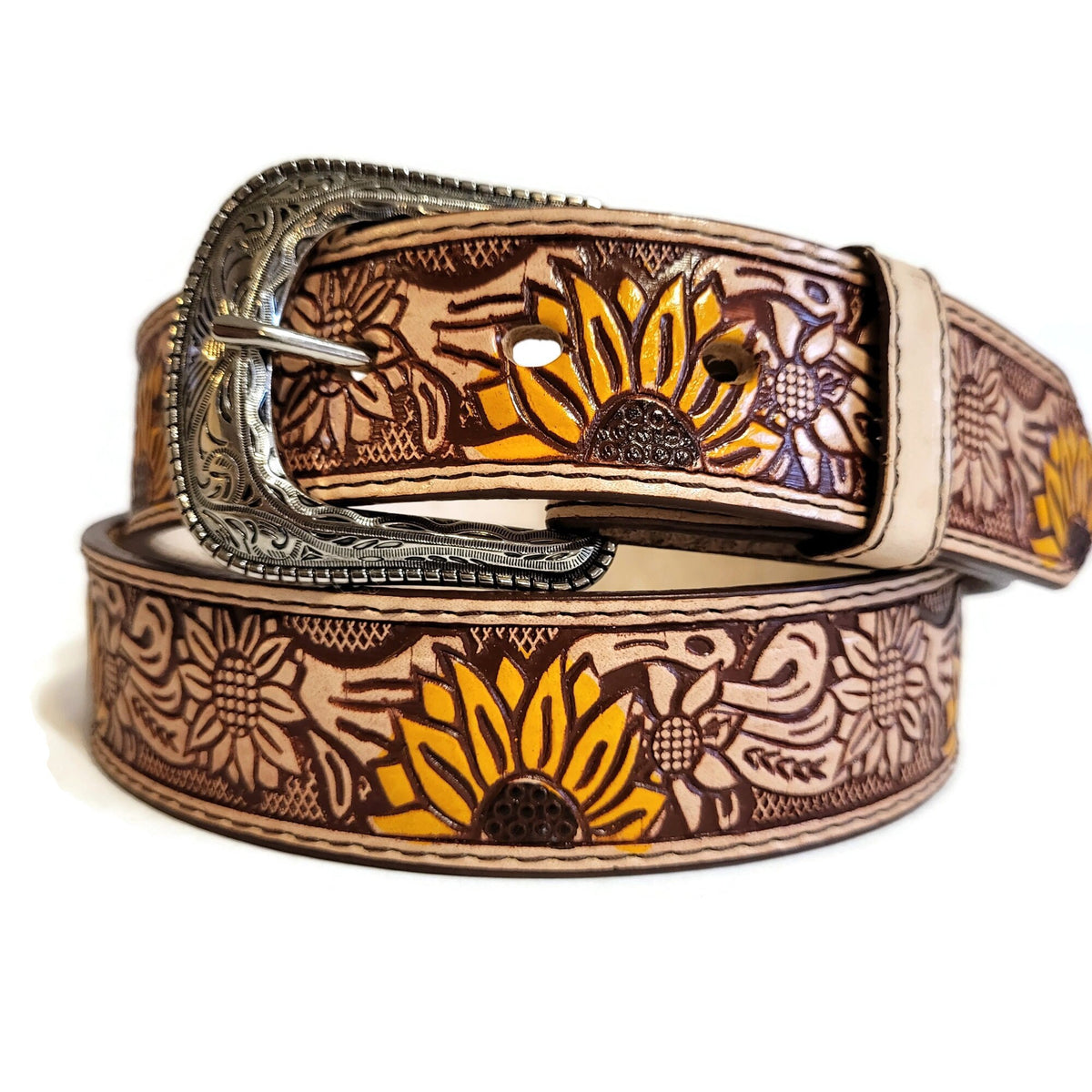 Sunflower Leather Belt for Women, Floral Embossed , Boho Chic