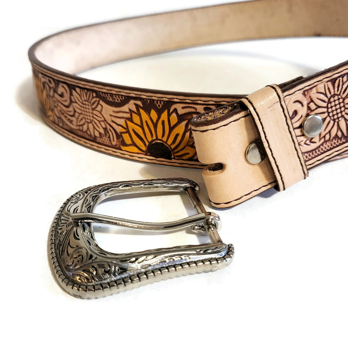 Sunflower Leather Belt for Women, Floral Embossed , Boho Chic