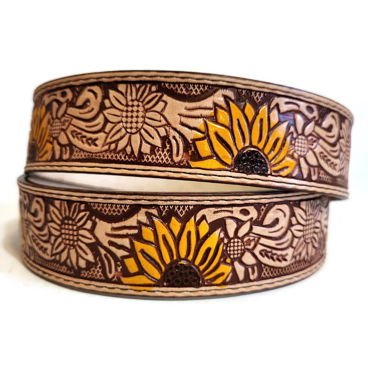 Sunflower Leather Belt for Women, Floral Embossed , Boho Chic