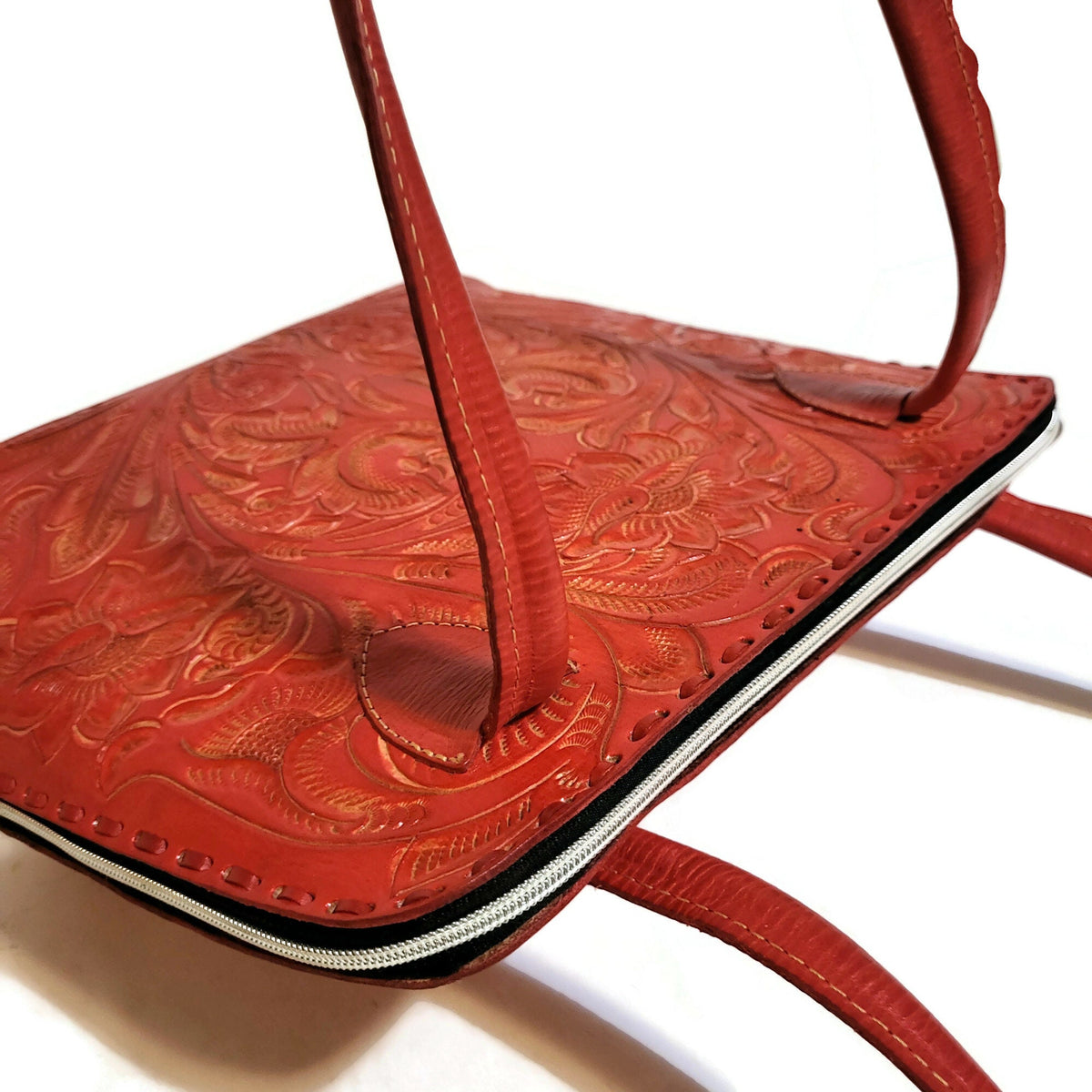 Red Tooled Leather Shoulder Bag For Women  Cowhide Purse Rodeo Cowgirl