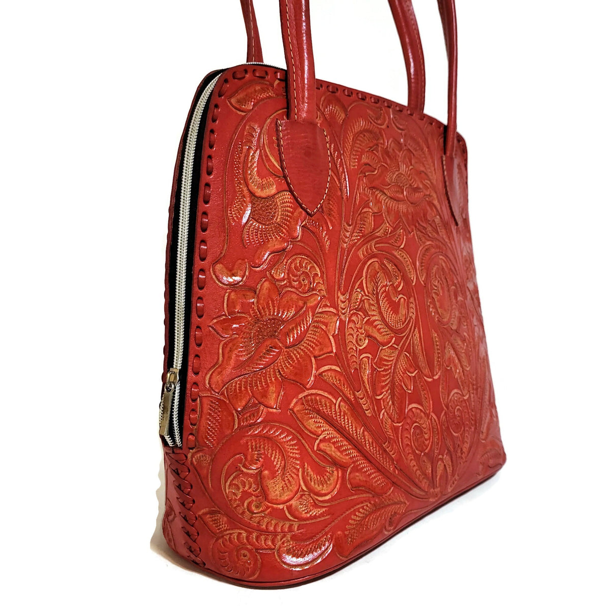 Red Tooled Leather Shoulder Bag For Women  Cowhide Purse Rodeo Cowgirl