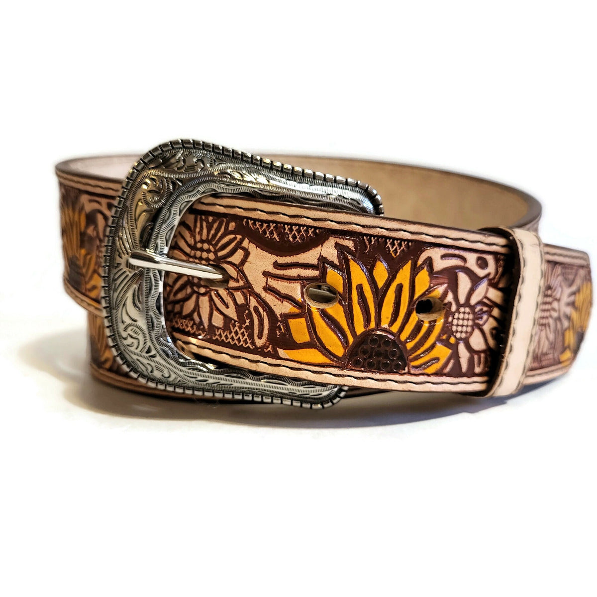 Sunflower Leather Belt for Women, Floral Embossed , Boho Chic