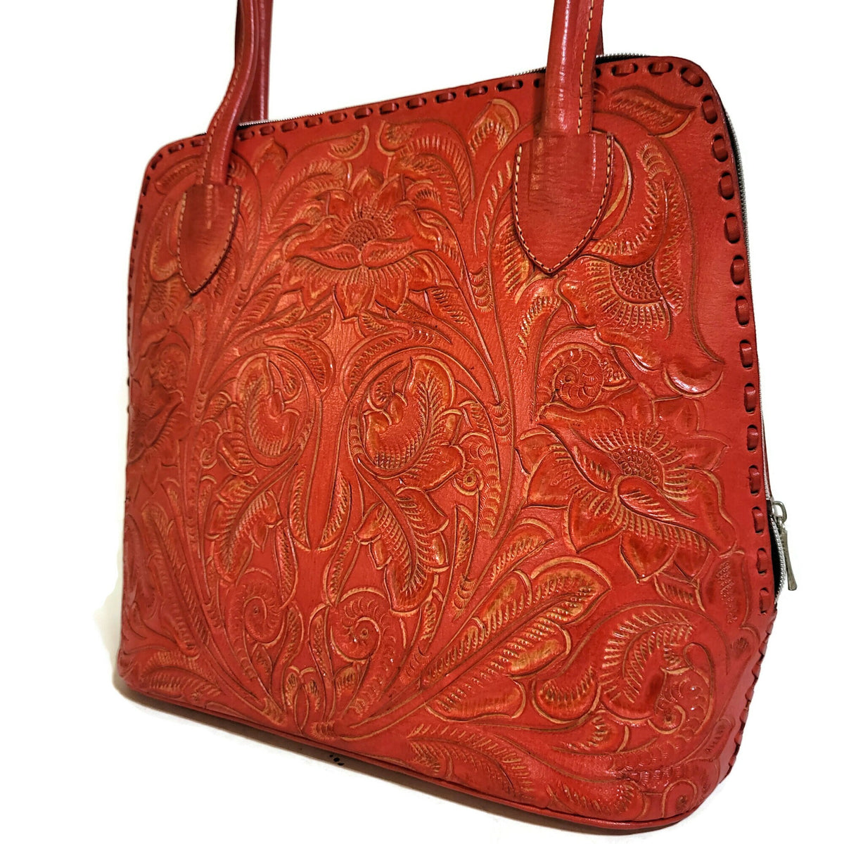 Red Tooled Leather Shoulder Bag For Women  Cowhide Purse Rodeo Cowgirl