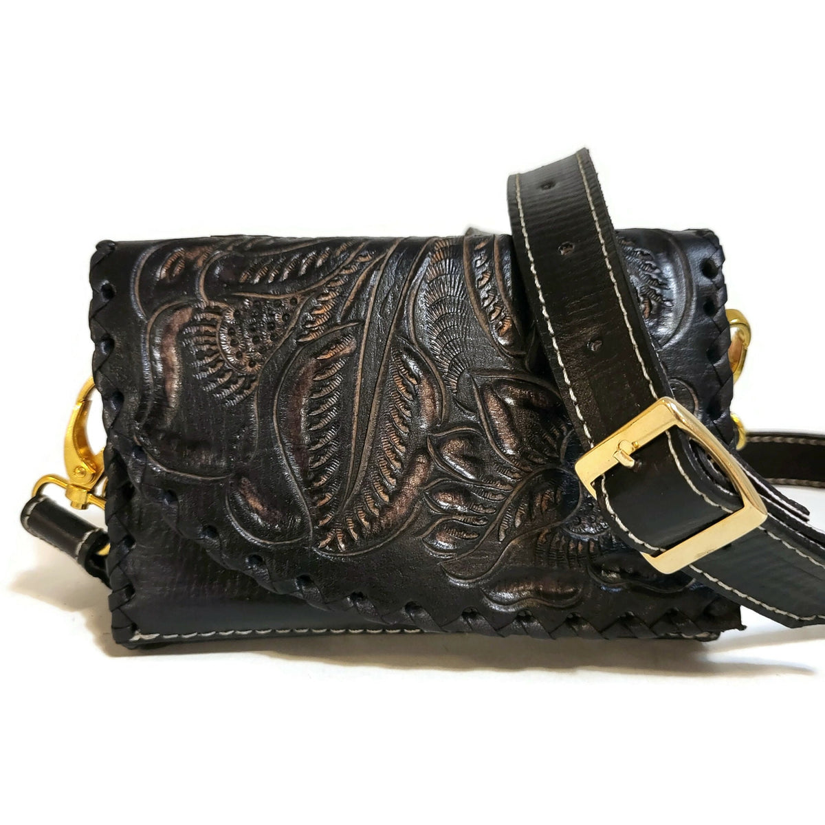 Small Black Leather Bag for Women, Rustic Hand tooled Purse Boho Western