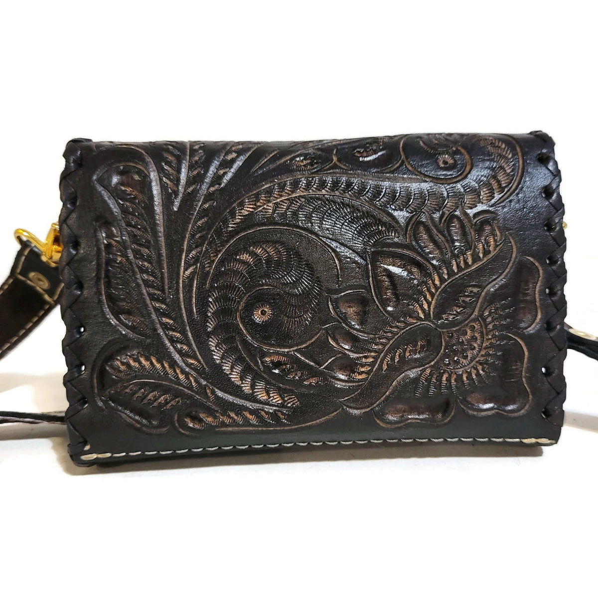 Small Black Leather Bag for Women, Rustic Hand tooled Purse Boho Western