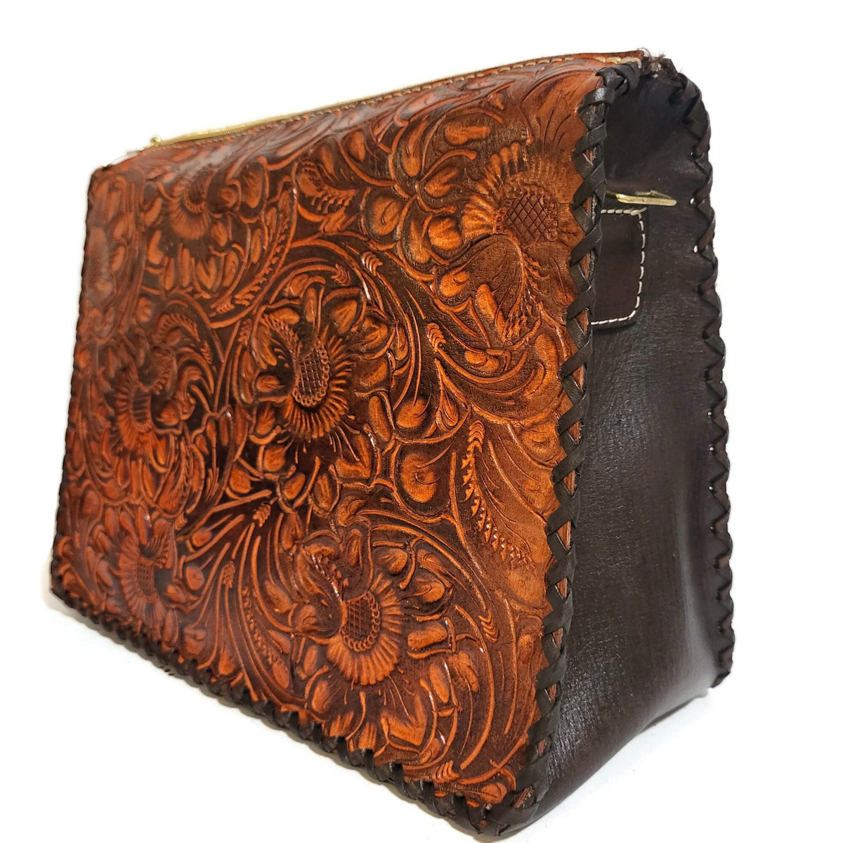 Hand Tooled Leather Shoulder Bag: Floral Carved Veg-Tan, Adjustable Strap