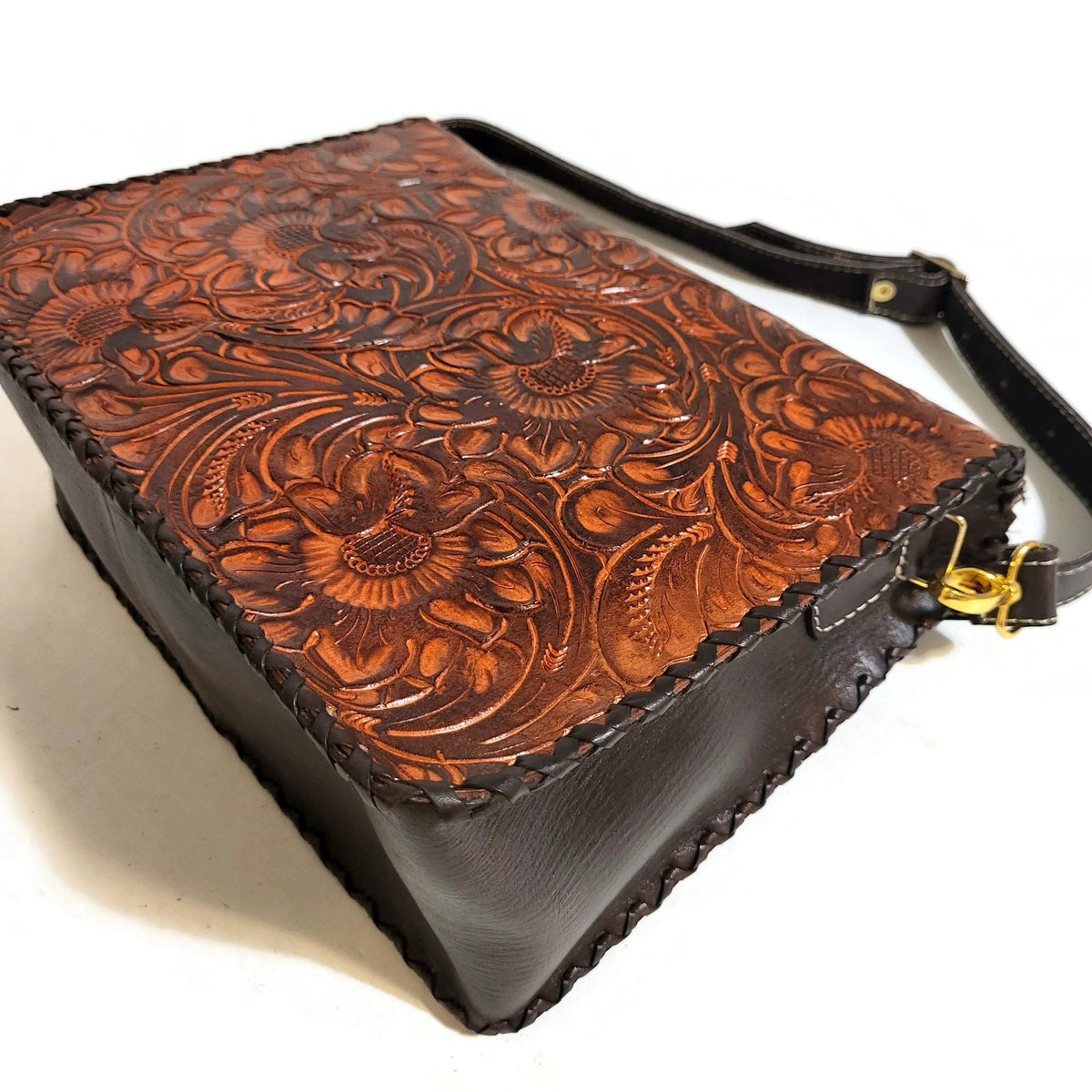 Hand Tooled Leather Shoulder Bag: Floral Carved Veg-Tan, Adjustable Strap