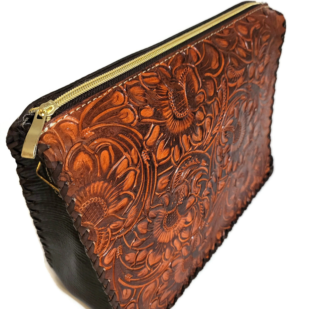 Hand Tooled Leather Shoulder Bag: Floral Carved Veg-Tan, Adjustable Strap